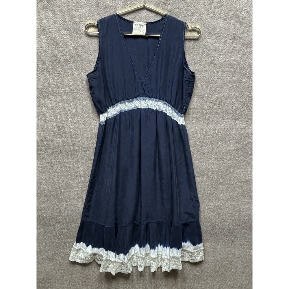 Prive' 45 100% Silk Made In Italy Dress Women Blue Lace Detail Sleeveless V Neck